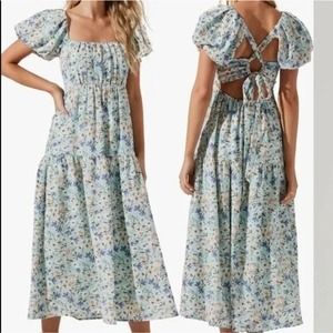 Anthropologie ASTR The Label Womens Midi Dress Medium Blue Floral Puff Sleeve